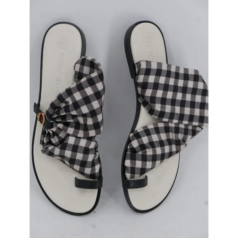Tory Burch Selby Scarf Flat Toe Ring Sandals Black Gingham Women's Size 9.5